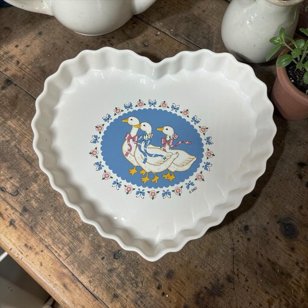Vtg 80s Ribbon Geese Treasure Craft Heart Shaped Quiche Dish Cottagecore Grandma